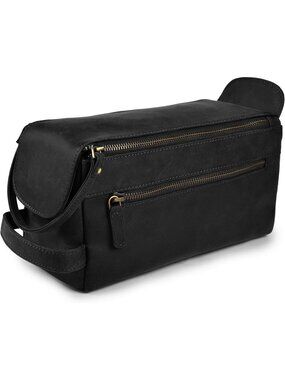 Men's Distressed Black Genuine Leather Travel Toiletry Bag Water Resistant Bag